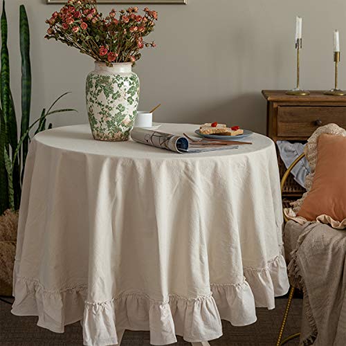 GLORY SEASON Retro Farmhouse Ruffle Round Tablecloth Cotton Flounces Trim Washable Table Cover White Tablecloths for Rectangle Table Baby Shower Kitchen Party Wedding Decor,70'' Round - size: 70" (Round)