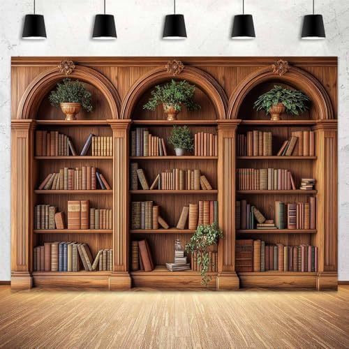 15 x 10 ft Arched Bookshelf Backdrop Modern Vintage Library Books Office Plants Video Conference Photography Home Office Meetings Indoor Decorations Photo Banner Props - color: Brown3, size: 15X10FT