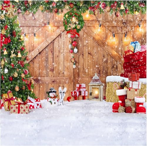 Rustic Christmas Barn Wood Door Backdrop for Photography Xmas Tree Snow Gift Wall Floor Party Photo Background Winter Holiday Family Supplies Banner Decoration Studio Props 12391 (10x10FT) - size: 10x10FT