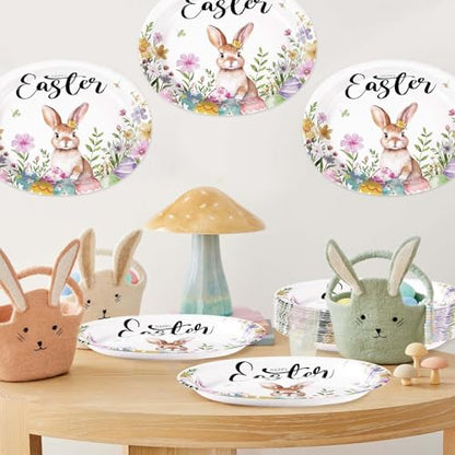 50PCS Easter Oval Paper Plates Easter Decorations 10" X 12" Large Easter Bunny Paper Plates Disposable Easter Party Plates Bunny Egg Flowers Tableware for Spring Easter Holiday Party Supplies - style: 50PCS Easter Oval Kit
