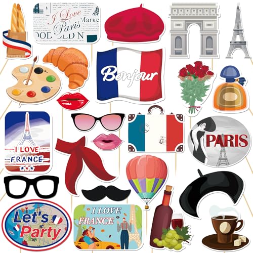 25 Pcs France Photo Booth Props Kit, Paris Themed Party Selfie Decorations, Bonjour I Love France Photography Supplies