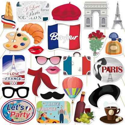25 Pcs France Photo Booth Props Kit, Paris Themed Party Selfie Decorations, Bonjour I Love France Photography Supplies