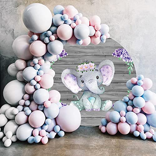 Yeele 6x6ft Cute Purple Elephant Round Backdrop Wooden Texture Wall with Purple Flowers Photography Background Newborn Girls Baby Shower Birthday Party Decors Cake Table Banner Photo Booth Props - size: 6x6ft-Diameter