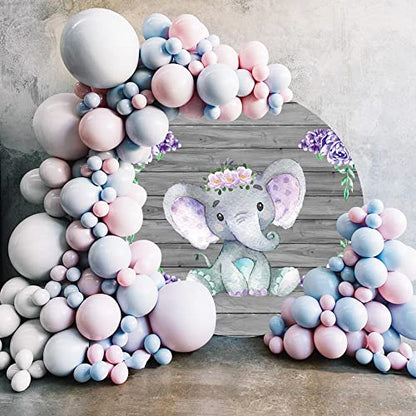 Yeele 6x6ft Cute Purple Elephant Round Backdrop Wooden Texture Wall with Purple Flowers Photography Background Newborn Girls Baby Shower Birthday Party Decors Cake Table Banner Photo Booth Props - size: 6x6ft-Diameter