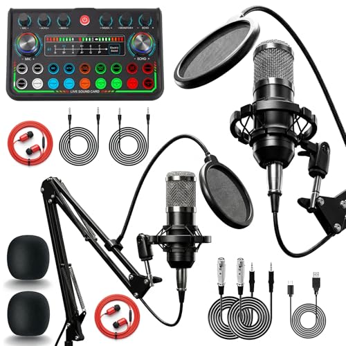Podcast Equipment Bundle with Dual Condenser Microphones, Audio Interface Mixer Sound Board, Boom Arms, Pop Filters & Cables, Recording Studio Kit for Streaming, Gaming, Voice Over