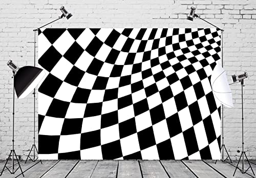 BELECO 15x8ft Fabric Black and White Checkered Backdrop Racing Checker Chess Board Texture Grid Checkerboard Wave Background Racing Themed Party Supplies Birthday Decorations Photo Studio Props - size: 15x8FT