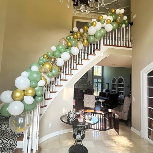 Sage Green Gold Balloons, 12 Inch Green White Metallic Gold Balloons, Olive Sand White Balloon Golded Confetti Latex Balloon for Birthday Wedding Baby Shower Party Decoration - color: Sage Green White