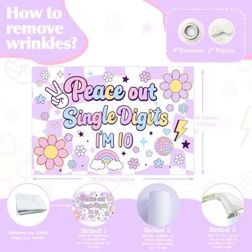 Peace Out Single Digits Party Decoration Backdrop Purple Peace Out Single Digits I'm 10 Boho Hippie 10 Years Banner Groovy 10th Birthday Decor for Girls Daisy Groovy Tenth Bday Photo Props 5 * 3ft