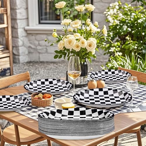 50Pcs Black and White Checkered Oval Paper Plates Race Car Party Plates 10" X 12" Disposable 400GSM Gingham Dessert Dinnerware for Racing Car Party Supplies Birthday Baby Shower BBQ Decorations - style: Black White Gingham Oval Kit