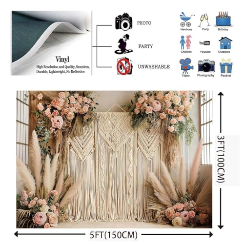 Bohemian Pampas Grass Art Photography Backdrops Retro Boho Flowers Window Photography Background Bohemian Room Backdrops Adult Birthday Wedding Maternity Portrait Decor Backdrop (5x3feet) - size: 5x3feet