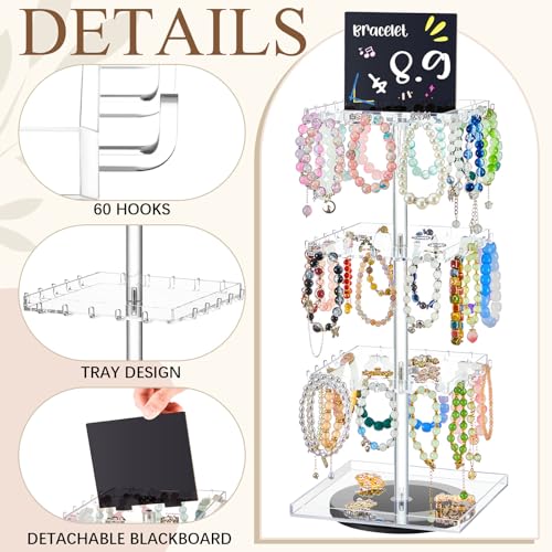 4-tier Bracelet Holder 360° Rotating Acrylic Bracelet Display Stand with 60 Hooks, Jewelry Holder Organizer with Tray, Jewelry Display Stand with Advertising Board for Bangles Keychain Earrings Vendor