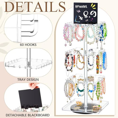 4-tier Bracelet Holder 360° Rotating Acrylic Bracelet Display Stand with 60 Hooks, Jewelry Holder Organizer with Tray, Jewelry Display Stand with Advertising Board for Bangles Keychain Earrings Vendor