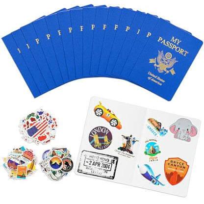 15 Pcs Fake Passport Book for Kids with 150 Non-Repeating Stickers (Including 3 Themes), Suitable for Party Favors, Scrapbooking, Arts and Crafts, School Supplies, Wall Stickers