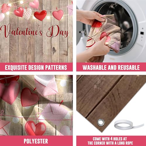 Rustic Valentine's Day Photography Backdrop 72 x 44 Inch - Wooden Happy Valentine's Day Banner with Hearts & Lights for Romantic Shoots - color: Wooden