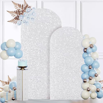 MODFUNS Metal Arch Backdrop Stand and Cover Set 6&7.2ft Silver Sequins Arch Cover Set of 2 Metal Arch Frame with Covers Balloon Arch Stands for Wedding Ceremony Banqet Party Reception - color: Silver, size: 6&7.2FT-Set