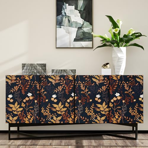 Dark Blue Floral Wallpaper Peel and Stick Wallpaper Leaf Wallpapers Gold Leaf Contact Paper for Cabinets Waterproof Self Adhesive Wall Paper for Kitchen Countertop Wall 17.5" x 118" - color: Dark Blue, size: 17.5" x 118"