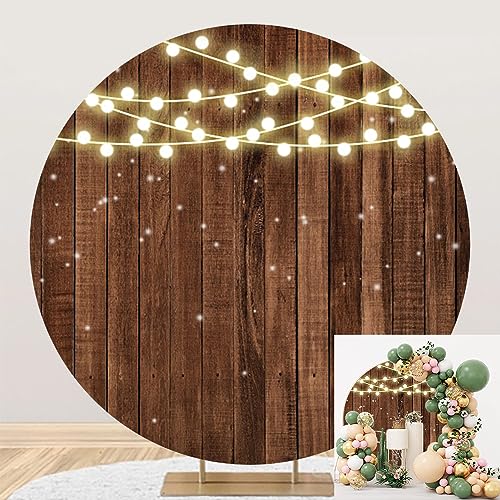 7x7ft Glitter Rustic Wood Round Backdrop Brown Wooden Texture String Lights Circle Photography Background for Baby Shower Birthday Wedding Bridal Shower Party Banner Photo Booth Props - size: 7x7ft-Diameter