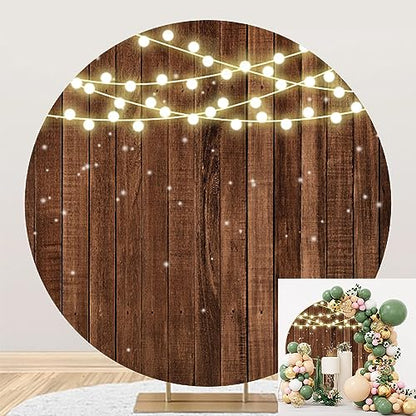 5x5ft Glitter Rustic Wood Round Backdrop Brown Wooden Texture String Lights Circle Photography Background for Baby Shower Birthday Wedding Bridal Shower Party Banner Photo Booth Props - size: 5x5ft-Diameter