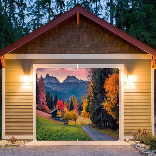Fall Garage Door Cover Banner Decorations Backdrop 7x8ft Thanksgiving Autumn Country Forest Maple Leaves Nature Landscape Garage Door Banner Party Photoshoot Studio Prop Photography Background - size: 7x8ft