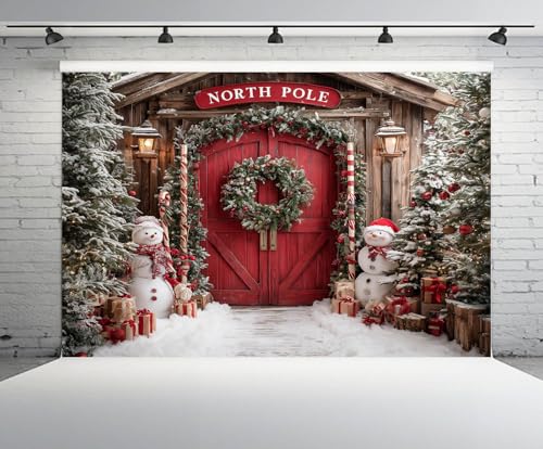 6x6ft Christmas North Pole Backdrop Snowman Christmas Trees Gift Boxes Snowy Pine Forest Red Wooden Door Winter Holiday Background New Year Xmas Eve Party Decor Portrait Photo Booth Props - size: 6x6ft