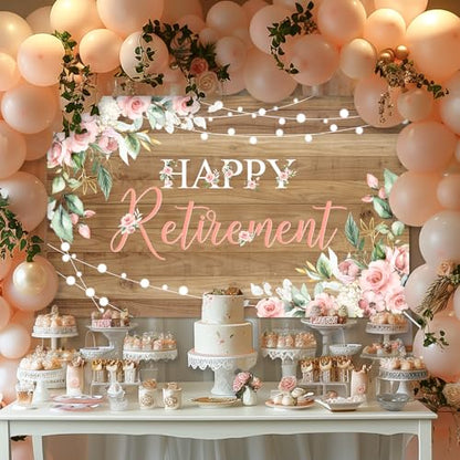 Mocsicka Rustic Retirement Backdrop Banner Women Happy Retirement Party Decorations Pink Floral Retired Party Photo Booth Props (6x3.6ft) - size: 6x3.6ft