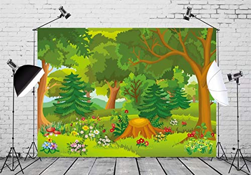 BELECO 5x3ft Fabric Cartoon Forest Backdrop Fairytale Forest with Flowers Mushroom Phtography Backdrop for Birthday Party Decoration Baby Shower Kids Game Photoshoot Photo Background Props L-0020 - size: 5x3FT