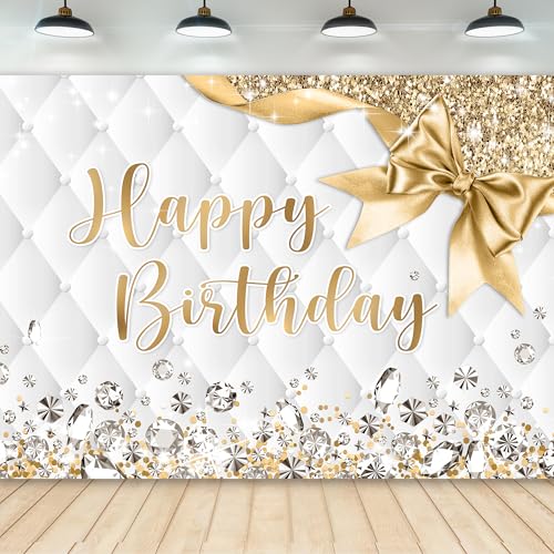 Newsely Gold and White Birthday Backdrop 7Wx5H Photography Happy Birthday Backdrop for Girls Women Diamonds Modern Luxury Elegant Bday Background Party Decorations Banner Photo Booth Props Supplies - color: B-Gold Silver, size: 7Wx5H