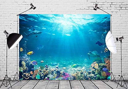 BELECO Underwater World Backdrop 7x5ft Fabric Undersea Backdrop for Photography Under The Sea Tropical Fish Dolphin Turtle Coral Deep Sea Sunlight Seabed Background Undersea Party Photo Studio Prop - size: 7x5FT