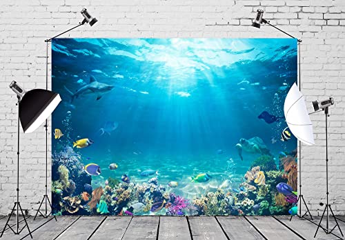BELECO Underwater World Backdrop 10x8ft Fabric Undersea Backdrop for Photography Under The Sea Tropical Fish Dolphin Turtle Coral Deep Sea Sunlight Seabed Background Undersea Party Photo Studio Prop - size: 10x8FT