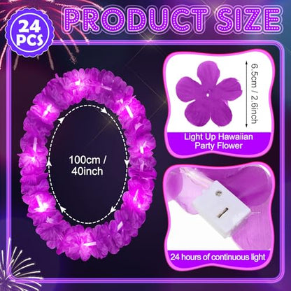 Sherr 24 Pcs LED Purple Leis Light up Wedding Hawaiian Leis Flower Necklace with LED Lights Beach Tropical Carnival Party Wedding Supplies Luau for Masquerade - color: Dark Purple