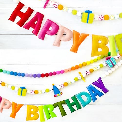 3Pcs Pre-Strung Happy Birthday Banner with Wool Balls, Rainbow Party Decorations, Reusable Happy Birthday Felt Ball Garland, Personalized Holiday Sign for Birthday Party Decor, Home Classroom Decor, Photo Prop (Birthday Banner + Felt Garland + Rainbow Bal
