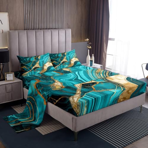 Erosebridal Teal Marble Bed Sheets Set Twin, Gold Crack Sheet Set for Boys Girls, Abstract Metallic Texture Sheets, Luxury Shinny Bedroom Decor Boho Hippie Fluid Deep Pocket Top Sheet - color: Multi 05, size: Twin