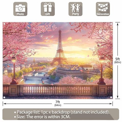 7x5ft Fabric Eiffel Tower Backdrop Paris Landscape Floral Lake Bridge Photography Background Wedding Girls Birthday Party Decorations Photo Booth Props - size: 7'x5'
