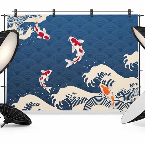 Blue Ocean Waves Backdrop for Photography, Japanese Style Red Fish Harmony Photo Backdrop Portrait Background Party Banner Photo Backgrounds for Studio Booth Props, 7x5ft - color: Blue, size: 7x5FT