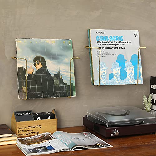 MyGift Modern Metal Wire Wall Mounted Vinyl Records Storage Racks, Hanging LP Record Holders, Floating Album Cover Display Shelves, Set of 2 (Brass-2 Pcs) - color: Brass- 2 Pcs, size: 2 Pack