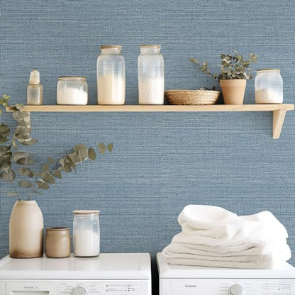 JiffDiff Grasscloth Wallpaper Peel and Stick Blue Grassweave Stick on Wallpaper Textured Self Adhesive Wall Paper Contact Paper 17.3"x472" - color: Dark Blue, size: 17.3" x 472"