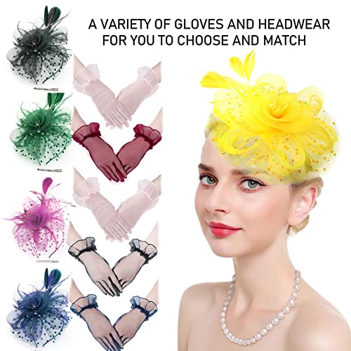 Fascinators Hats with Gloves Set for Women 20s 50s Cocktail Tea Party Wedding Costume Headwear - color: 02 Yellow