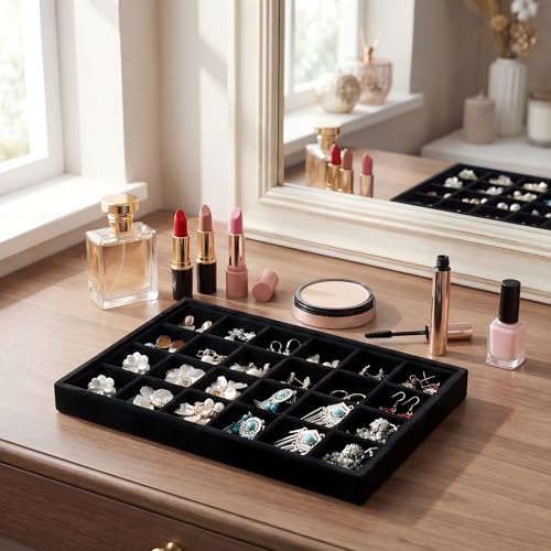 Frebeauty 24 Grid Earring Holder Organizer Tray, Jewelry Organizers and Storage for Drawer,Velvet Jewelry Display Storage for Earrings,Rings,Studs,10.5 x 6.5 x 1.2 Inches Gift for Women (Black) - color: Black, size: Set1