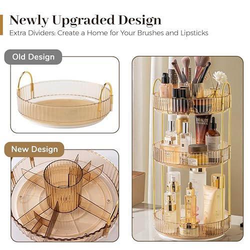 Aveniee 360° Rotating Makeup Organizer for Vanity, Upagraded Perfume Skincare Bathroom Counter Organizers with Brush Divider, 3 Tier Spinning Lipstick Cosmetic Lotion Storage,Gold - color: Amber Gold, size: New-3 Tier