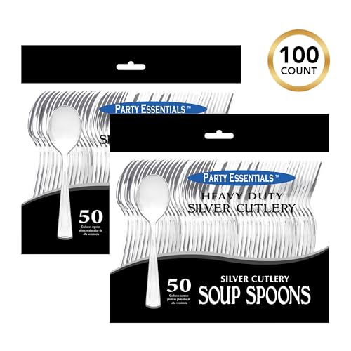 Party Essentials Disposable Plastic Cutlery/Heavy-Duty Flatware/Silverware for All Events, 100-Count(Pack of 1), Shiny Silver Soup Spoons - color: Shiny Silver Soup Spoons, size: 100-Count(Pack of 1)