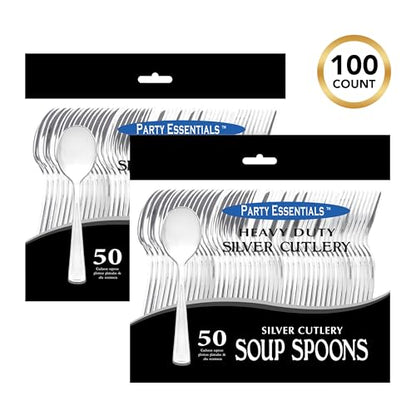 Party Essentials Disposable Plastic Cutlery/Heavy-Duty Flatware/Silverware for All Events, 100-Count(Pack of 1), Shiny Silver Soup Spoons - color: Shiny Silver Soup Spoons, size: 100-Count(Pack of 1)