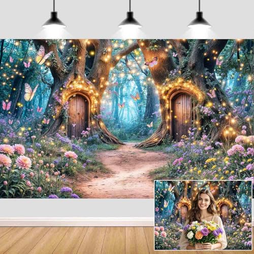 5X3ft Enchanted Forest Backdrop Fairy Enchanted Wonderland Garden Floral Butterfly Photography Background for Kids Girls Baby Shower Birthday Party Decoration Banner Cake Table Photo Booth Props - color: Multi5, size: 5x3ft