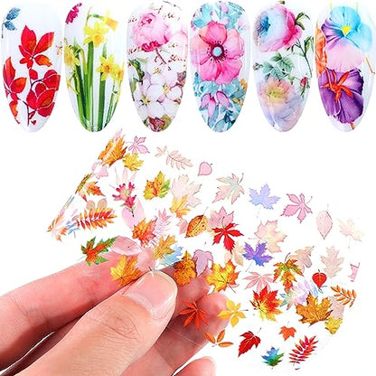 Maple Leaf Nail Foil Transfer Sticker Decals Fall Flowers Nail Art Foil Decals Holographic Autumn Lavender Designs Nail Art Supplies for Thanksgiving Day Women Nail Decorations Films 10 Sheets - style: Maple Leaf