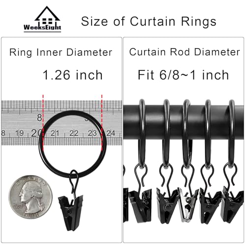 WeeksEight 40 Pack Black Curtain Rings with Clips, Curtain Hooks Hangers Clip Rings for Hanging Drapes Bows Hat, Drapery Rings 1.26 in I D, Fits up to 1 in Diameter Curtain Rod. - color: Black, size: 1.26" I D Set of 40