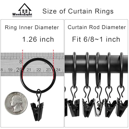 WeeksEight 40 Pack Black Curtain Rings with Clips, Curtain Hooks Hangers Clip Rings for Hanging Drapes Bows Hat, Drapery Rings 1.26 in I D, Fits up to 1 in Diameter Curtain Rod. - color: Black, size: 1.26" I D Set of 40