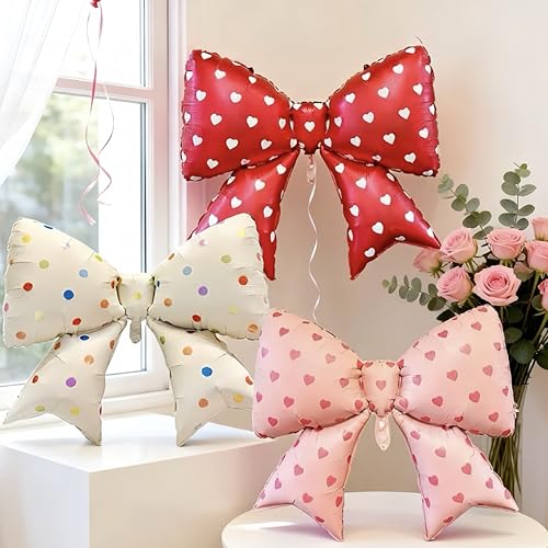 4Pcs Red Pink Bow Balloons Decor 38 Inch/Heart Print coquette Birthday Decorations for Girls Women, Valentines Day, Galentines Party Bachelorette Bridal Shower Wedding Engagement Photo Booth Props - color: Red Pink Heart