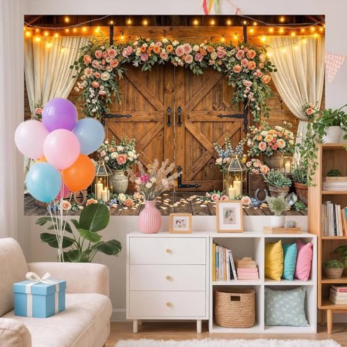 5x3ft Western Wedding Backdrop Rustic Barn Door Photography Backdrop Farmhouse Pink Flower Cabin Wooden Birthday Baby Shower Country Anniversary Bridal Party Banner Photo Booth Props Background - color: Multi90, size: 5X3FT
