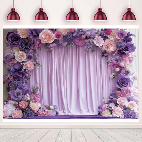 Purple Floral Arch Photo Backdrop Lavender Romantic Blossom Theme Photography Background Baby Bridal Shower Birthday Princess Wedding Party Banner Decoration Polyester 7x5ft