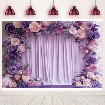 Purple Floral Arch Photo Backdrop Lavender Romantic Blossom Theme Photography Background Baby Bridal Shower Birthday Princess Wedding Party Banner Decoration Polyester 7x5ft