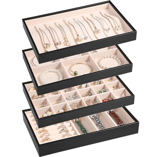 LANDICI Stackable Jewelry Organizer Trays 4 Set,PU Leather Jewelry Organizer Drawer,Jewelry Storage Display Tray for Earring Necklace Rings Bracelet with Removable Dividers,Black - color: Black